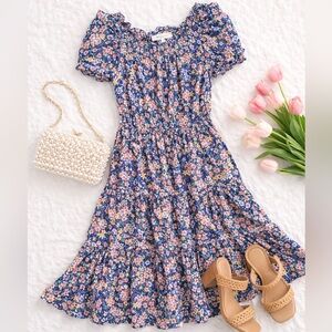 Caballero Floral Tiered Midi Dress Puff Sleeve 100% Cotton Easter Spring Size XS